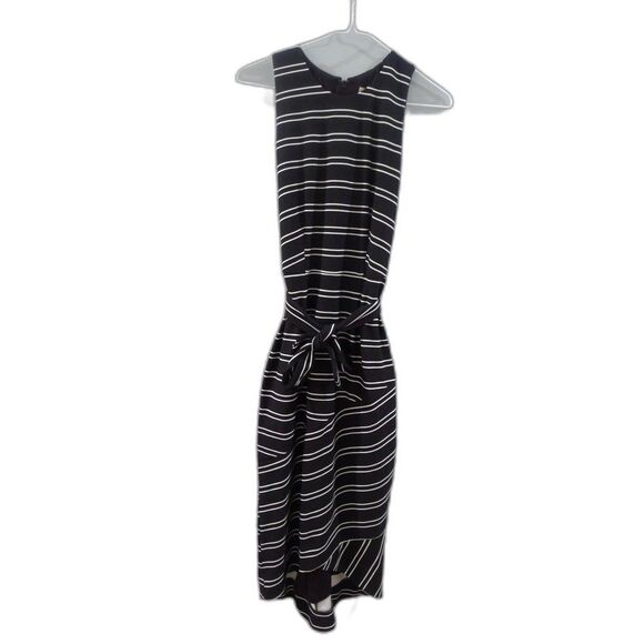Hutch Dresses & Skirts - Hutch Striped Crew Neck Belted Midi Dress Cross Bottom - Black/White S